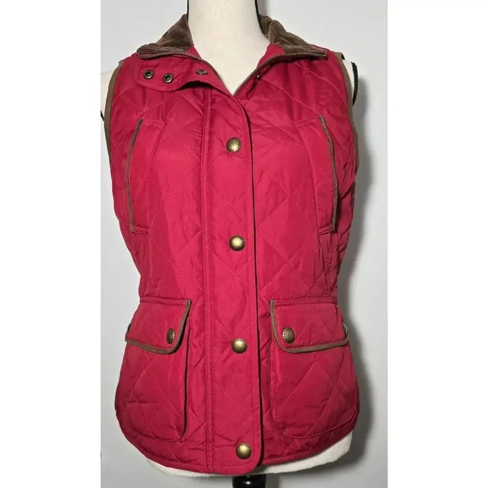 Lauren Ralph Lauren Women's Vest Quilted Square Red Pockets Zipper Front Small